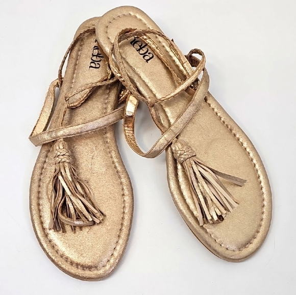 Reba Gold Leather Fringe Flat Thong Sandals w Braided Wrap-around Ankle Strap - Picture 6 of 6